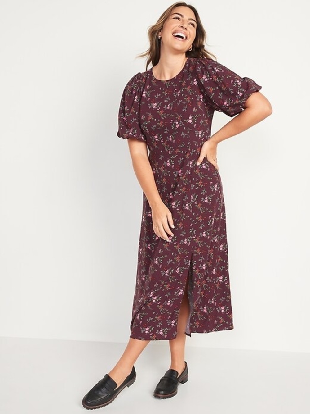 Old Navy Burgundy Floral Midi Dress with Puff Sleeves